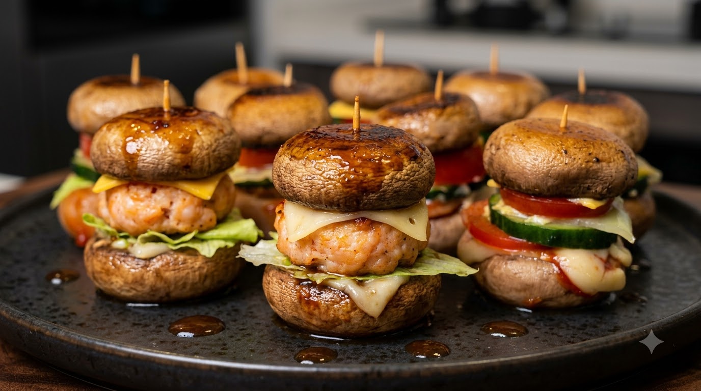 Minihamburguesas de Hongos Rellenos de Camarón