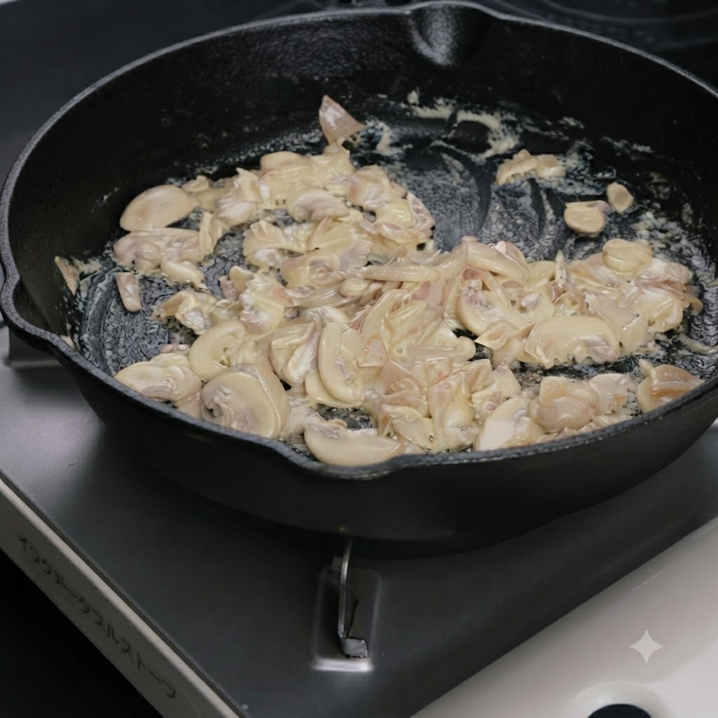 Pimienta negra siendo molida sobre una salsa de crema de champiñones a fuego lento en una sartén.