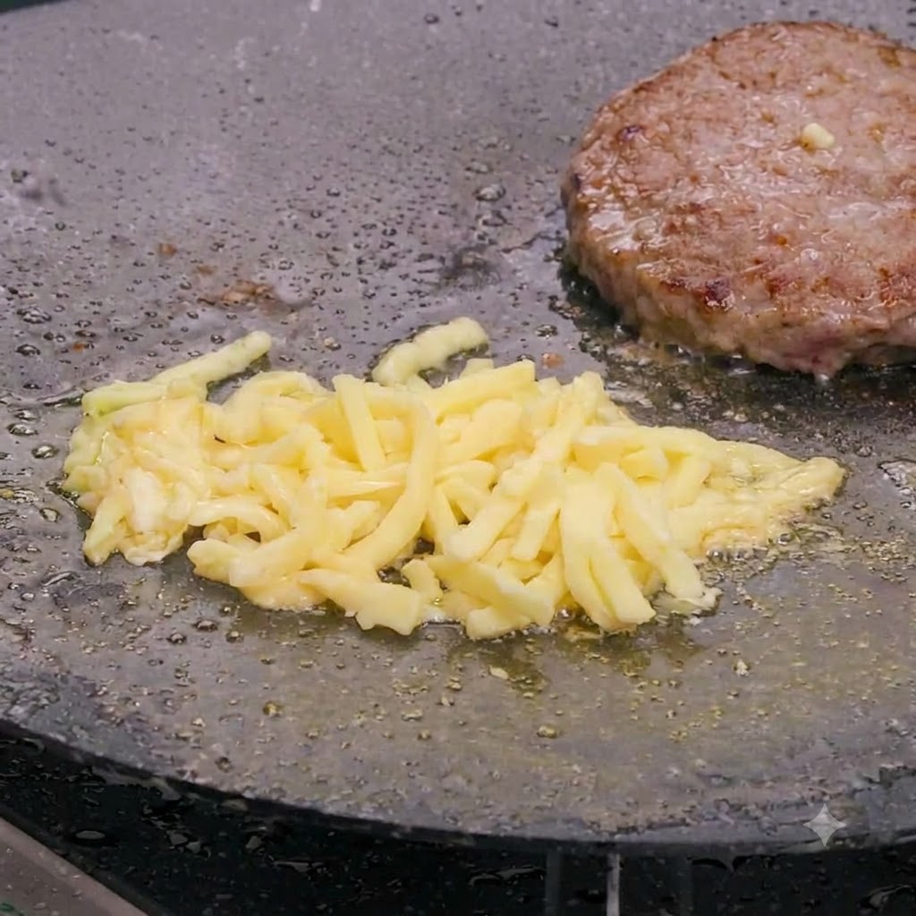 Queso mozzarella rallado derritiéndose suavemente sobre una hamburguesa de carne caliente en una sartén.
