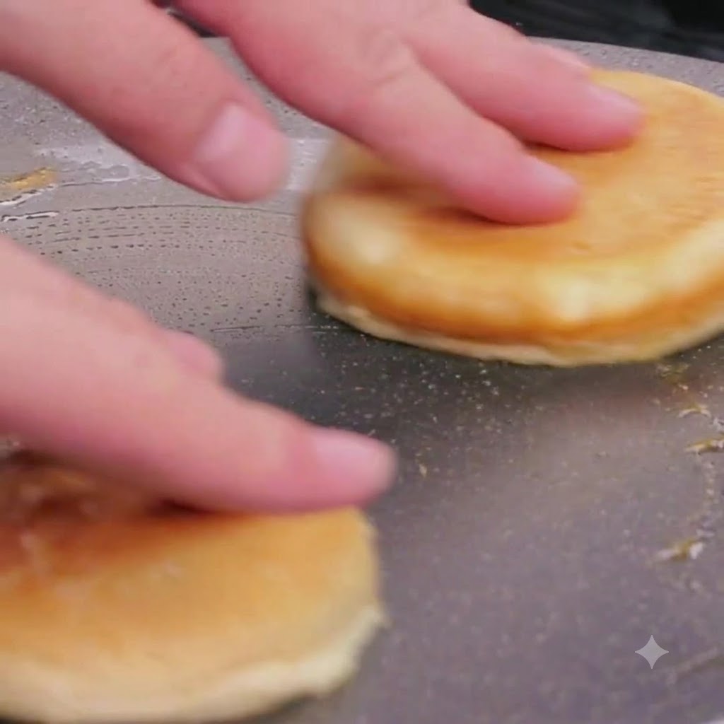 Mitades de pan de hamburguesa tostándose boca abajo en los jugos de la sartén a fuego bajo.