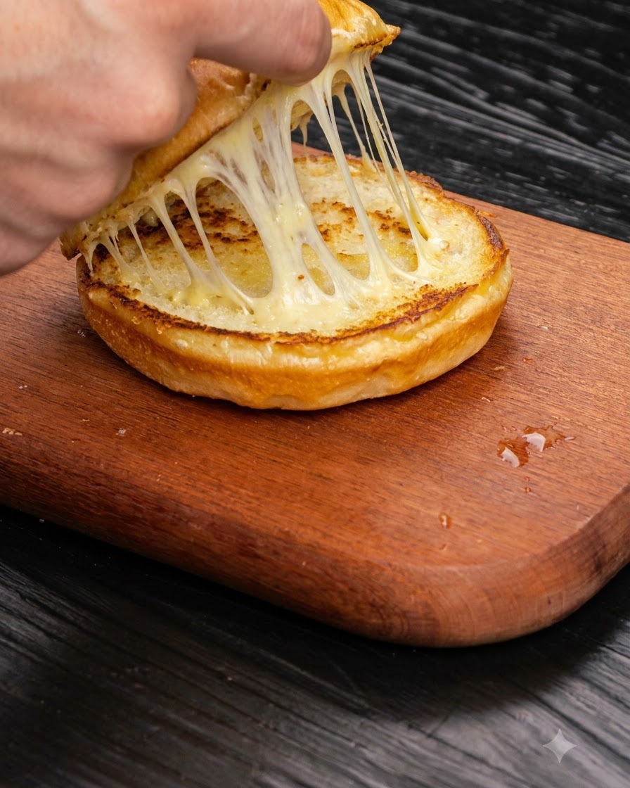 Una hamburguesa de carne con queso siendo transferida a un pan de hamburguesa tostado en una tabla de cortar de madera.