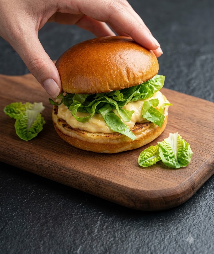 Una mano sosteniendo el pan superior justo encima de las capas de la hamburguesa armada con salsa cremosa y lechuga en una tabla de madera.