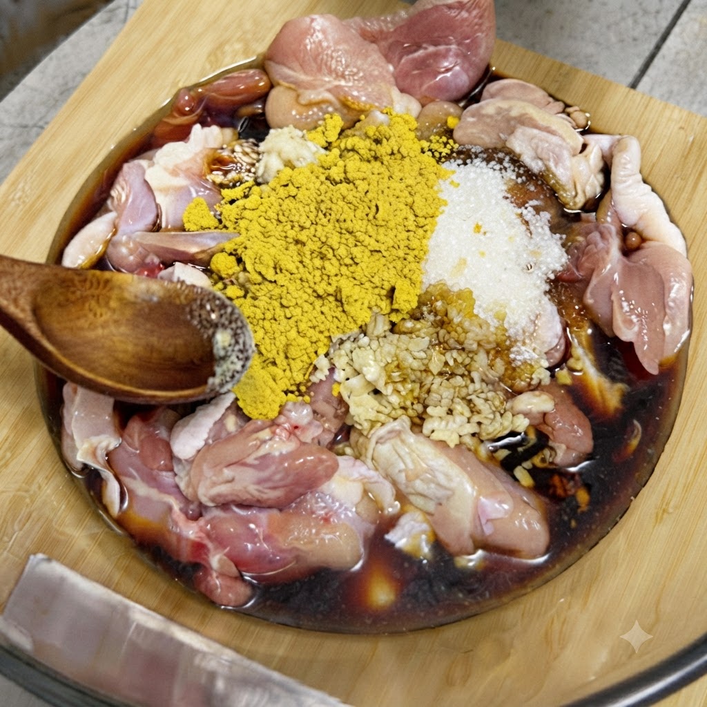 Una pila de curry amarillo en polvo y ajo picado añadidos sobre el pollo crudo y la salsa en un bol de vidrio.