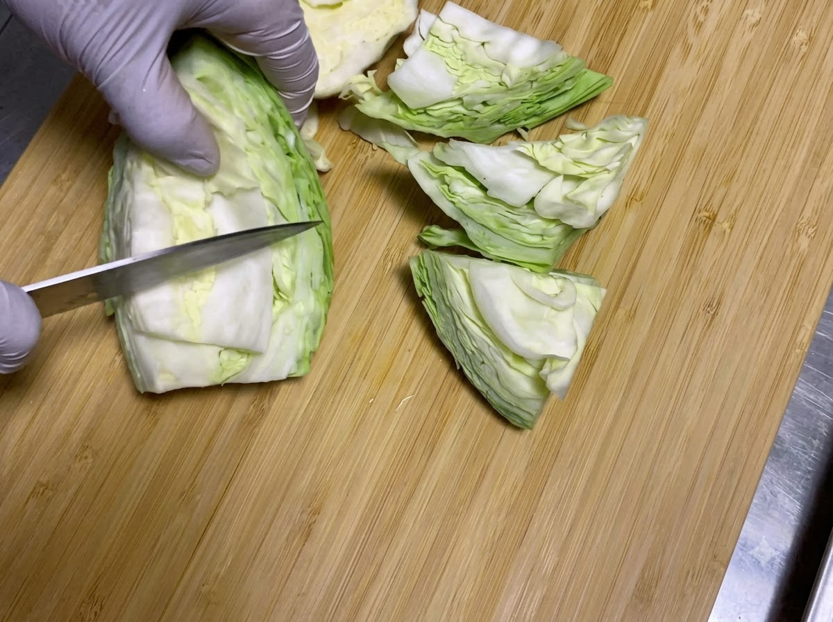 Un cuchillo de chef cortando una cabeza de repollo verde crudo en trozos grandes sobre una tabla de cortar de madera.