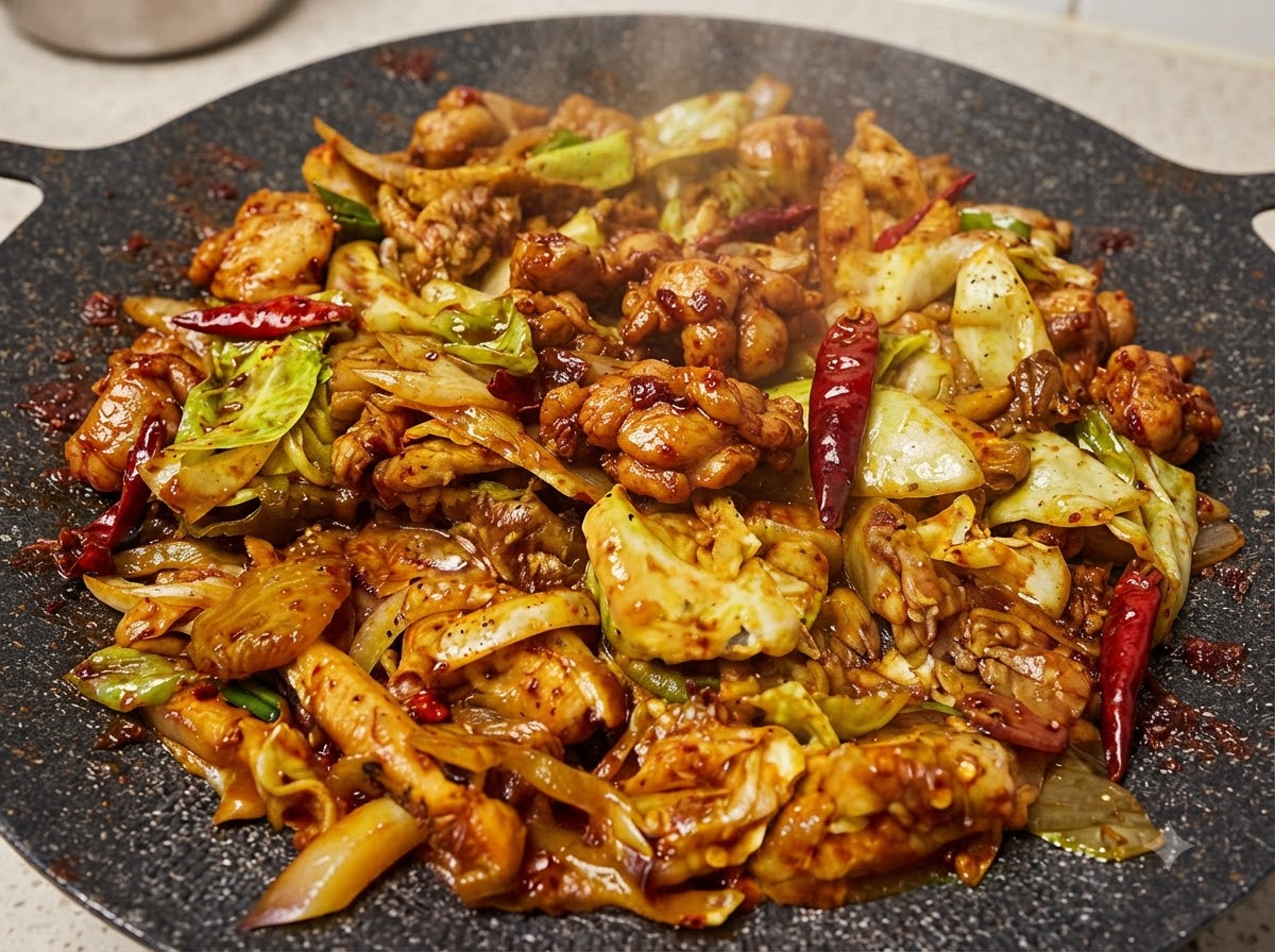 Una sartén grande llena de trozos de pollo salteado, repollo y chiles rojos secos brillando en una salsa roja.