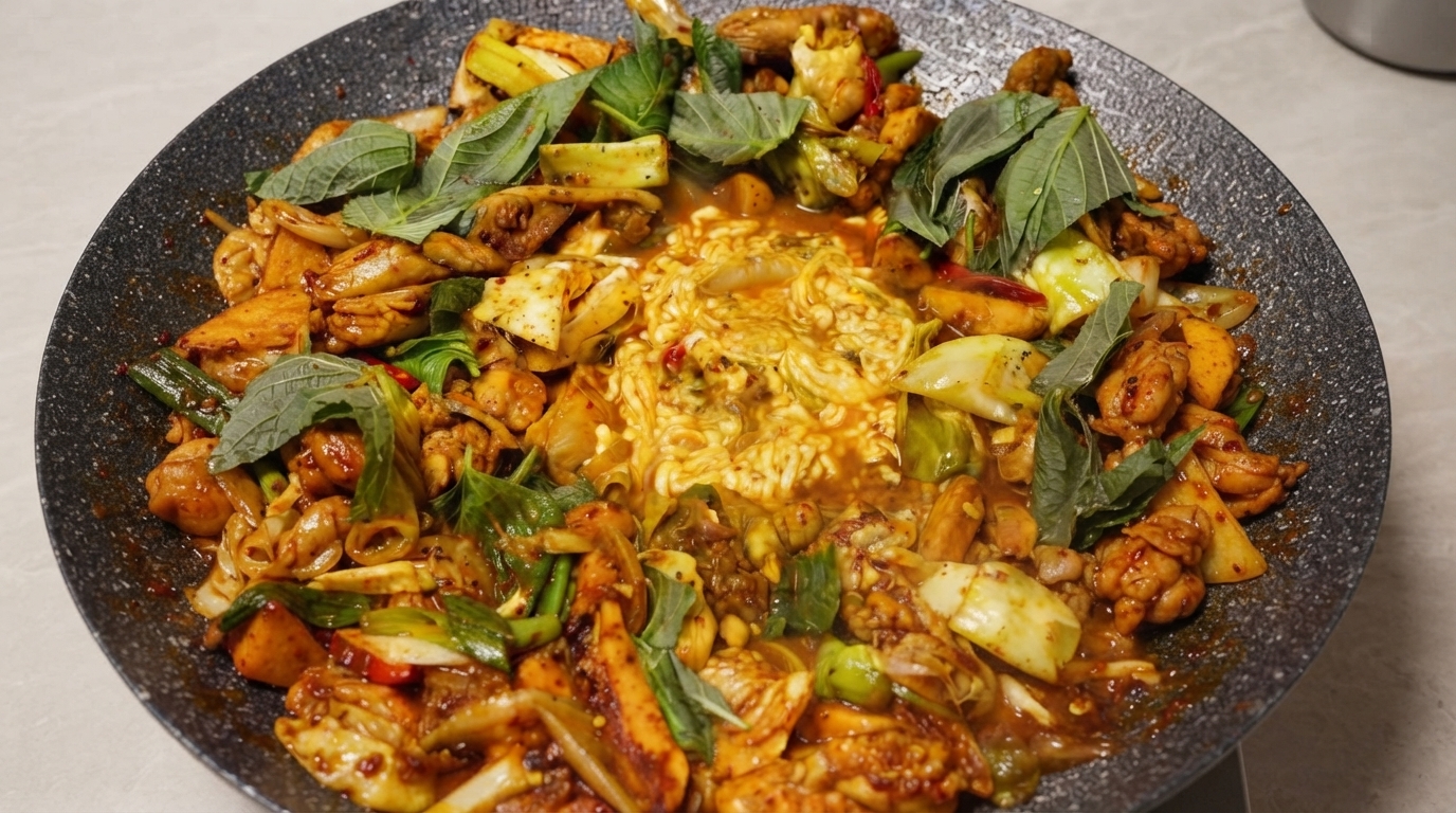 Una sartén humeante de Dak-galbi con queso, que incluye pollo picante marinado en gochujang, batatas y repollo alrededor de un centro de mozzarella derretida.