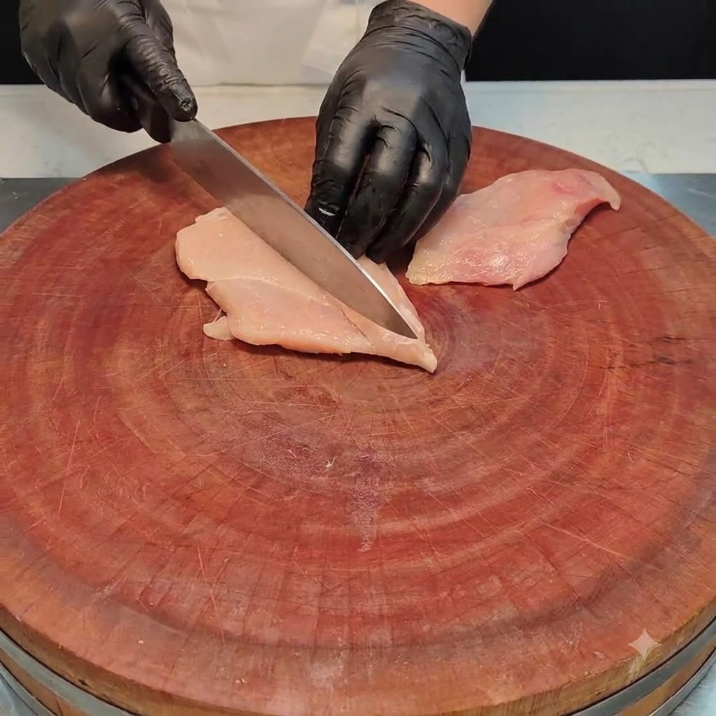 Una pechuga de pollo siendo cortada cuidadosamente por la mitad con un cuchillo de chef sobre una tabla de cortar redonda de madera.