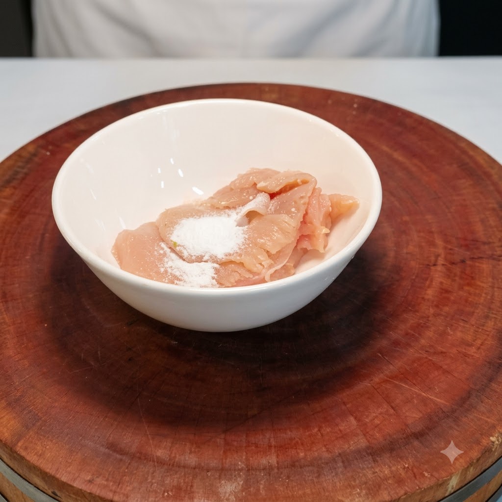 Trozos de pollo dentro de un tazón blanco cubiertos con cantidades medidas de sal y vino para cocinar.