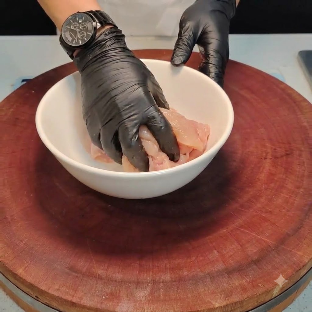 Manos con guantes mezclando trozos de pollo y condimentos dentro de un tazón blanco.