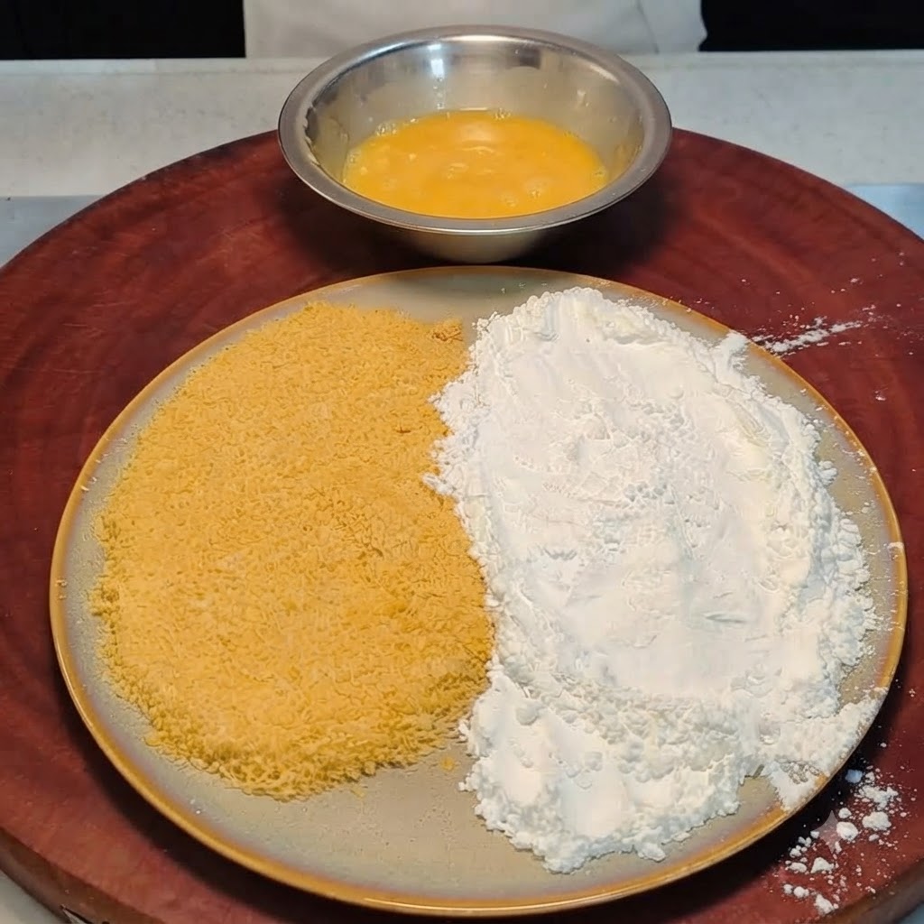 Un trozo de pollo cubierto siendo sumergido en un tazón de metal lleno de huevos amarillos batidos.