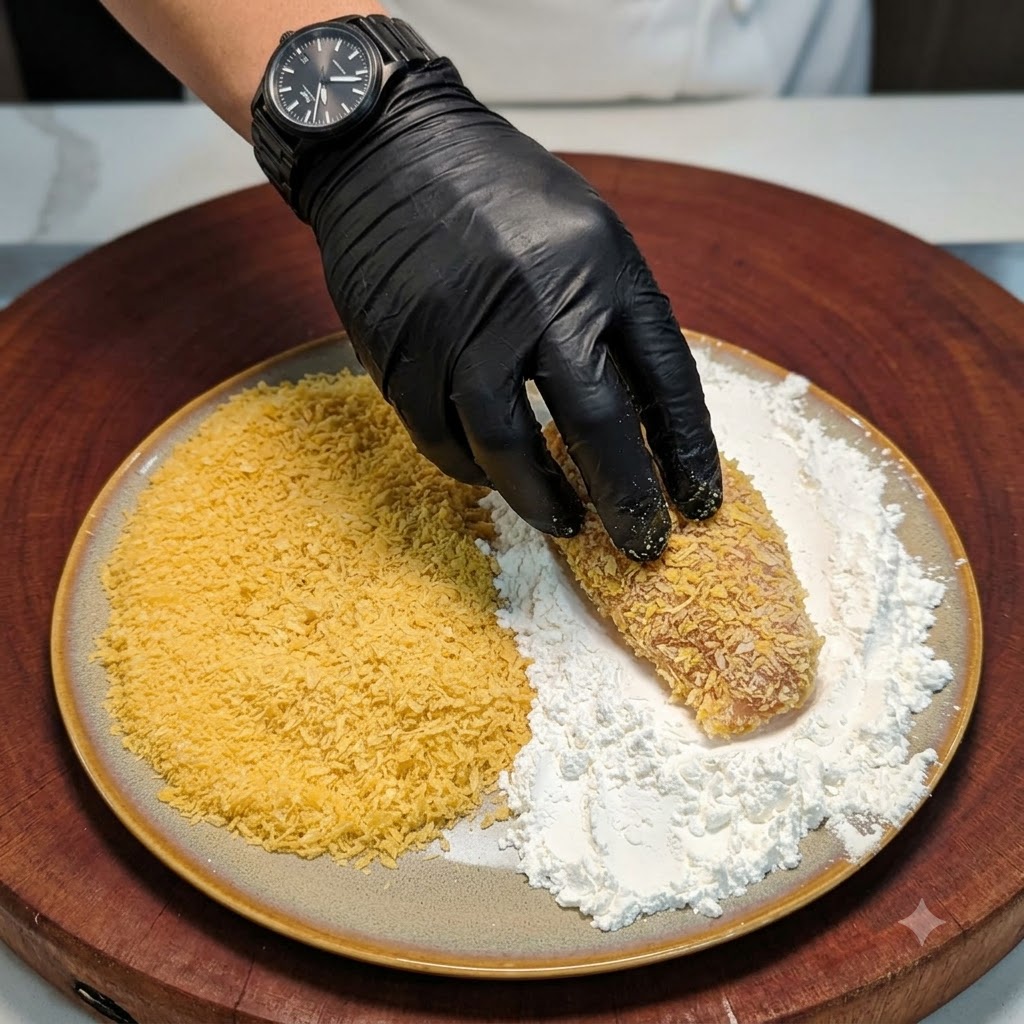Una milanesa de pollo sumergida en huevo siendo presionada en pan rallado sobre un plato.