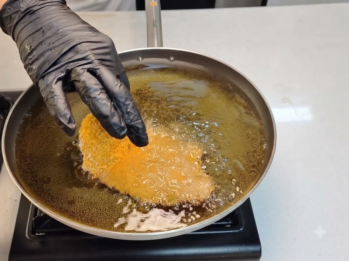 Una milanesa de pollo empanizada siendo sumergida en aceite hirviendo en una sartén.