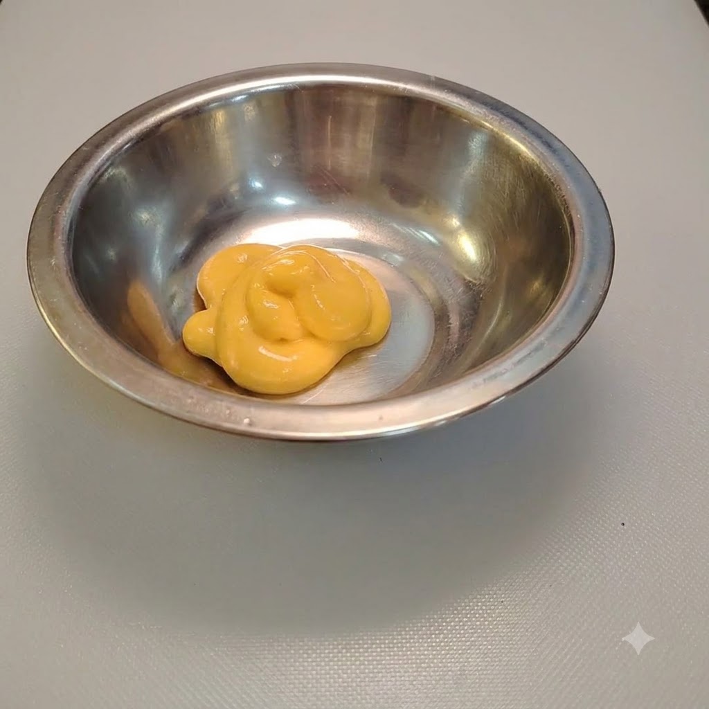 Aderezo de queso para ensalada siendo exprimido en un tazón mezclador de metal brillante.
