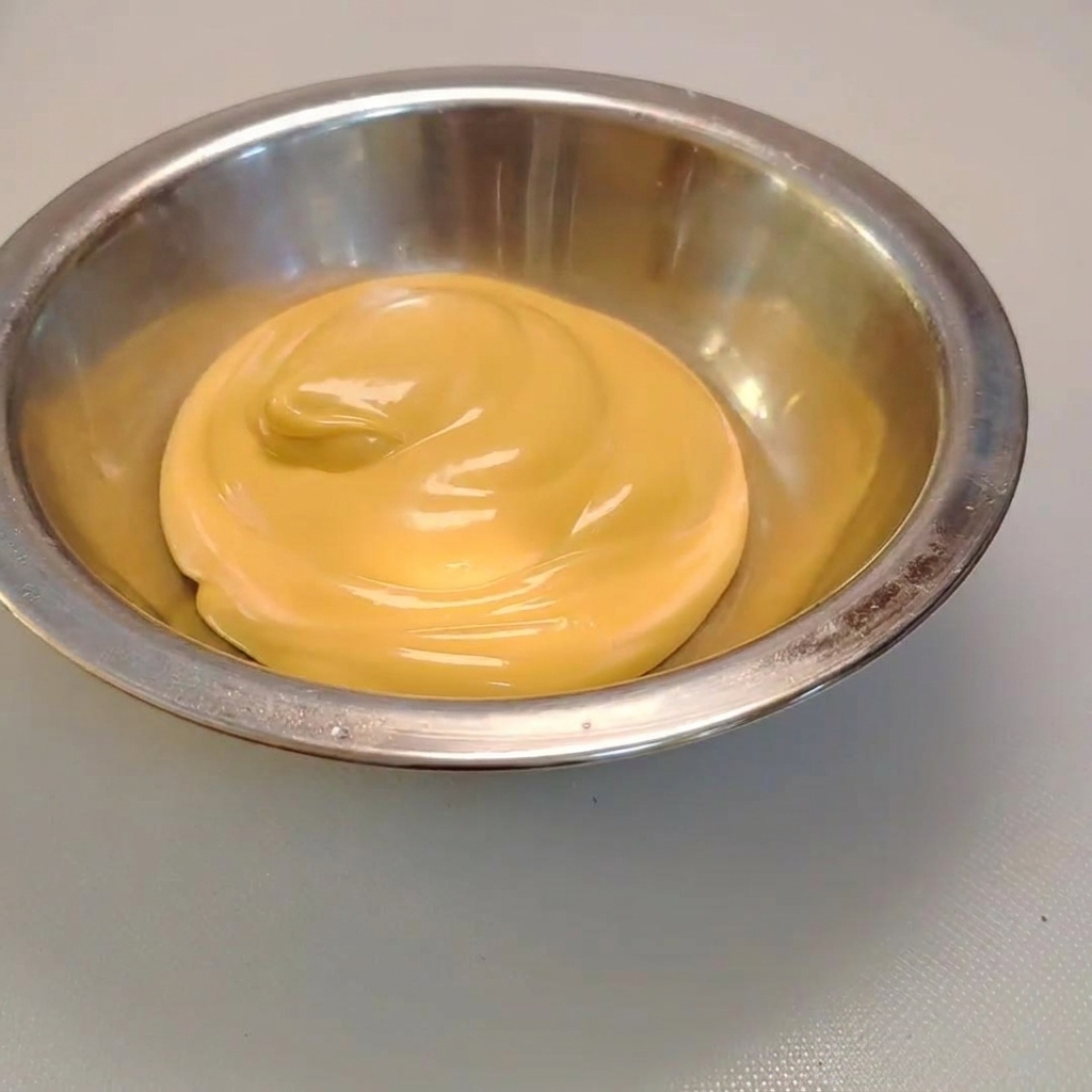 Wasabi siendo exprimido en un tazón de metal lleno de aderezo de queso cremoso para ensalada.