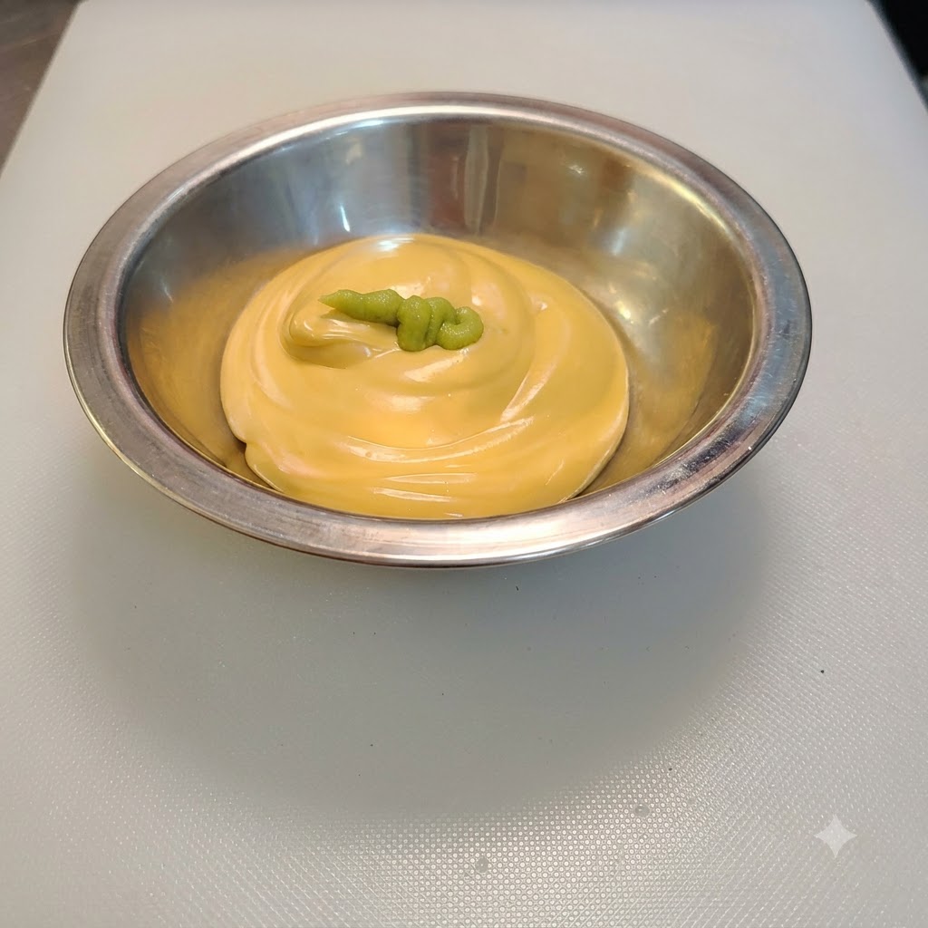 Pasta de wasabi verde agregada encima del aderezo de queso para ensalada en un tazón.