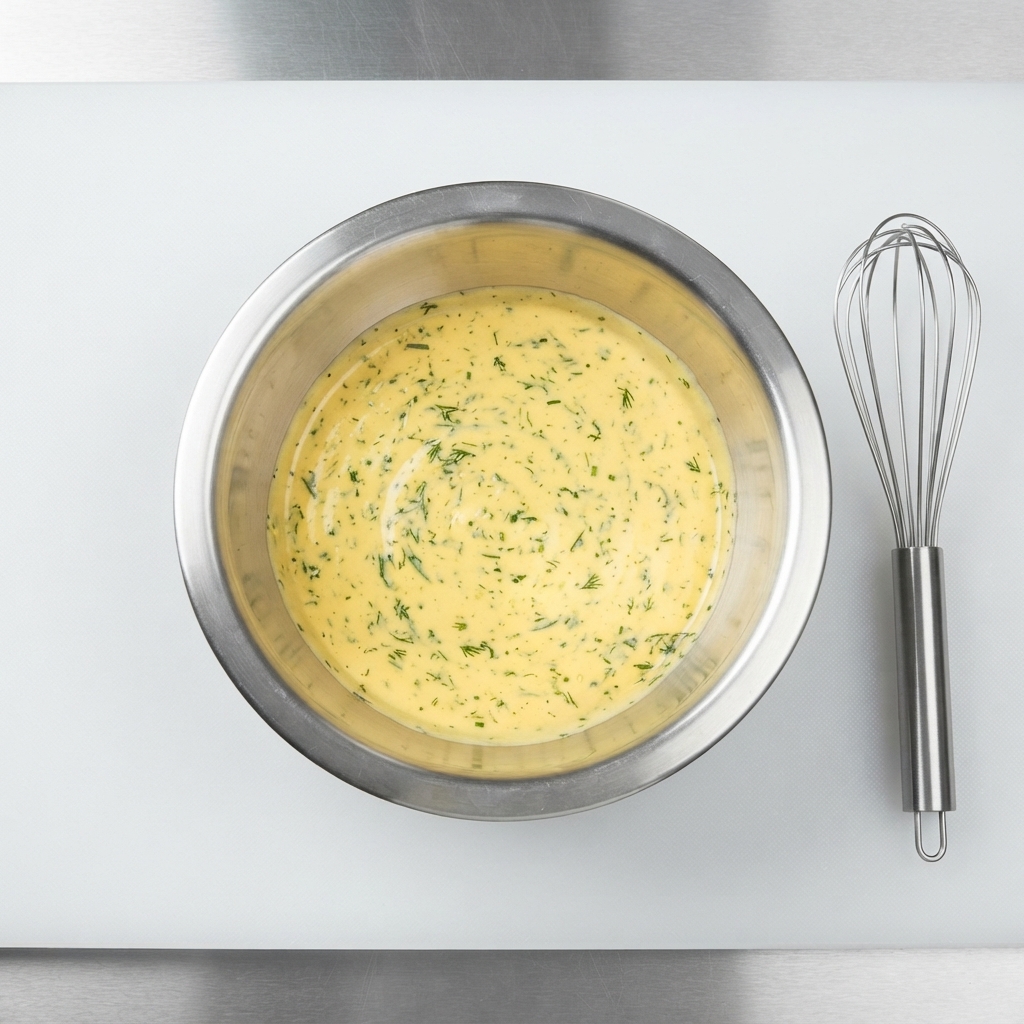 Un tazón de metal con salsa de queso y wasabi completamente mezclada junto con un batidor de alambre en una tabla de cortar blanca.