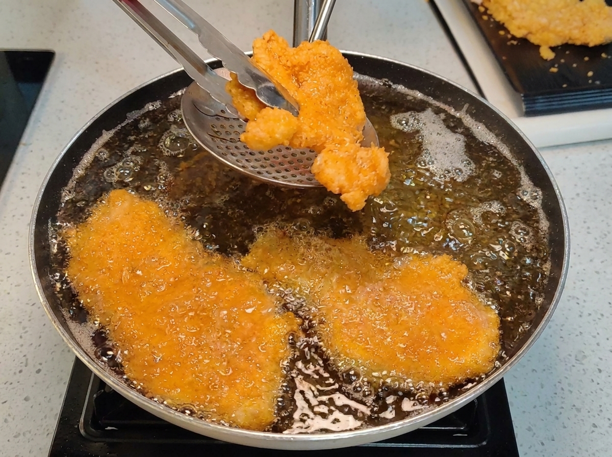 Milanesas de pollo fritas doradas siendo retiradas de una sartén con aceite caliente usando pinzas y una espumadera.