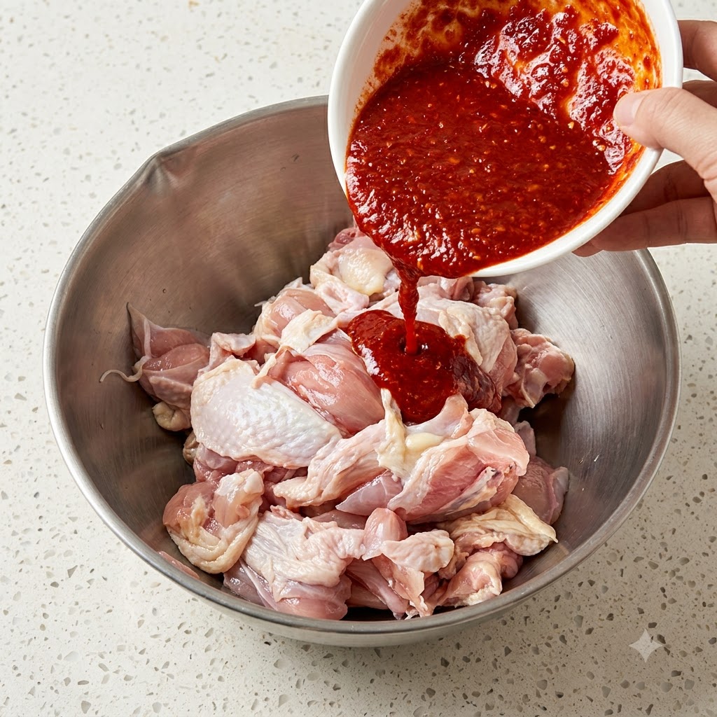 Salsa roja siendo vertida desde un tazón blanco a un tazón de acero inoxidable lleno de pollo crudo.