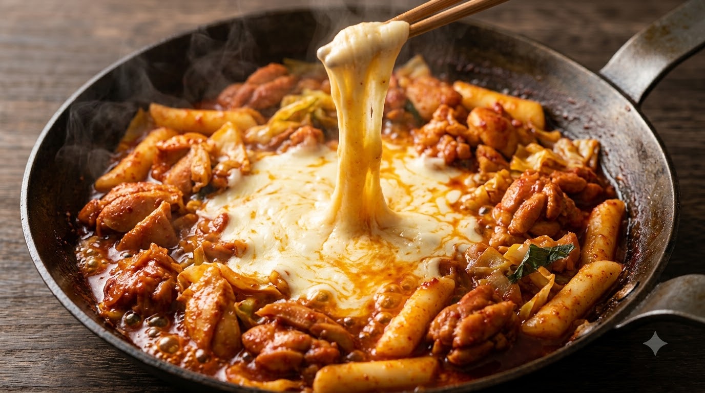 Dak-galbi clásico de Chuncheon con queso derretido