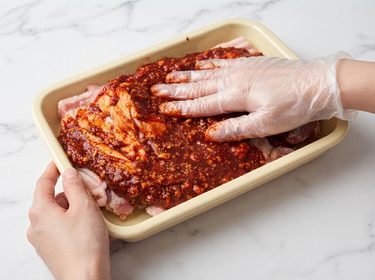 Una mano con guante masajeando la marinada picante roja en carne de pollo cruda dentro de un recipiente amarillo.