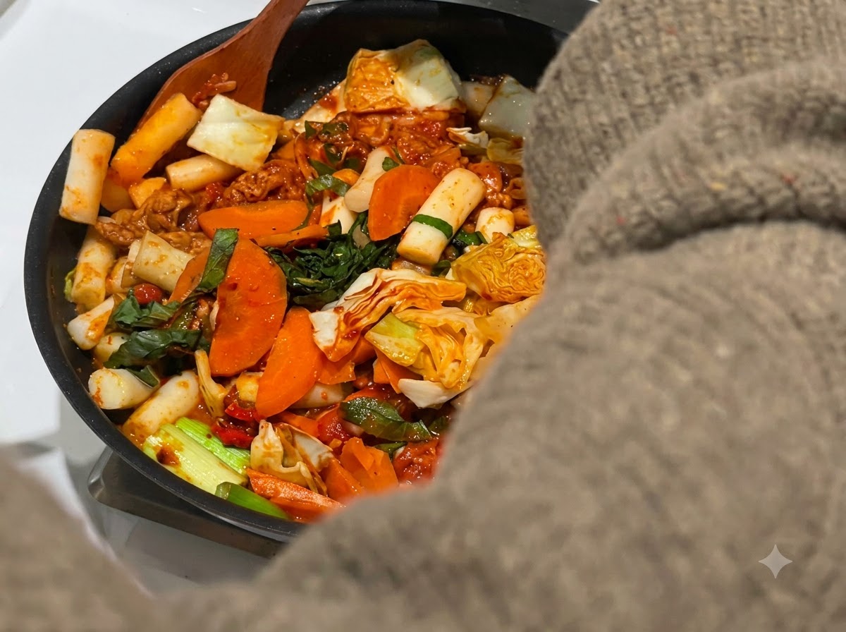 Una cuchara de madera mezclando pollo, verduras y pasteles de arroz a fuego lento en salsa roja dentro de una sartén.