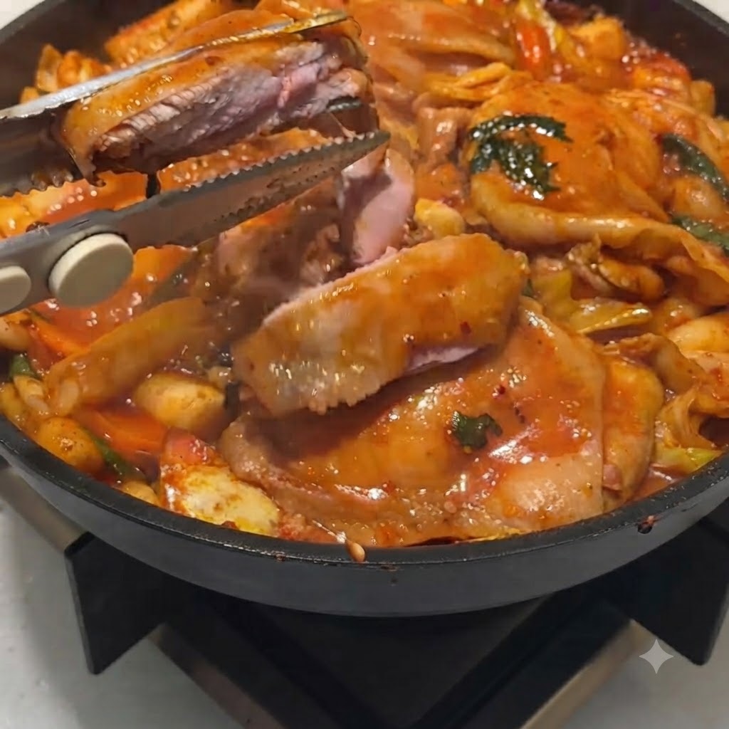 Tijeras de cocina cortando trozos de pollo parcialmente cocido dentro de una sartén.