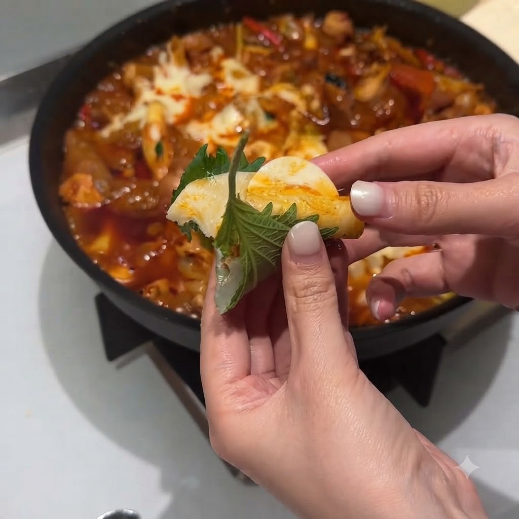 Arroz blanco cocido siendo añadido a la salsa roja restante en la sartén.