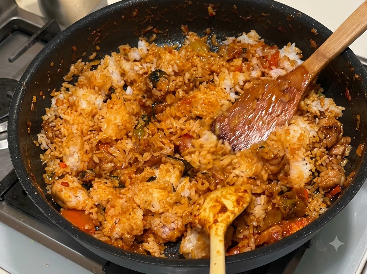 Una espátula de madera mezclando arroz blanco en una salsa picante de color rojo brillante en una sartén caliente.