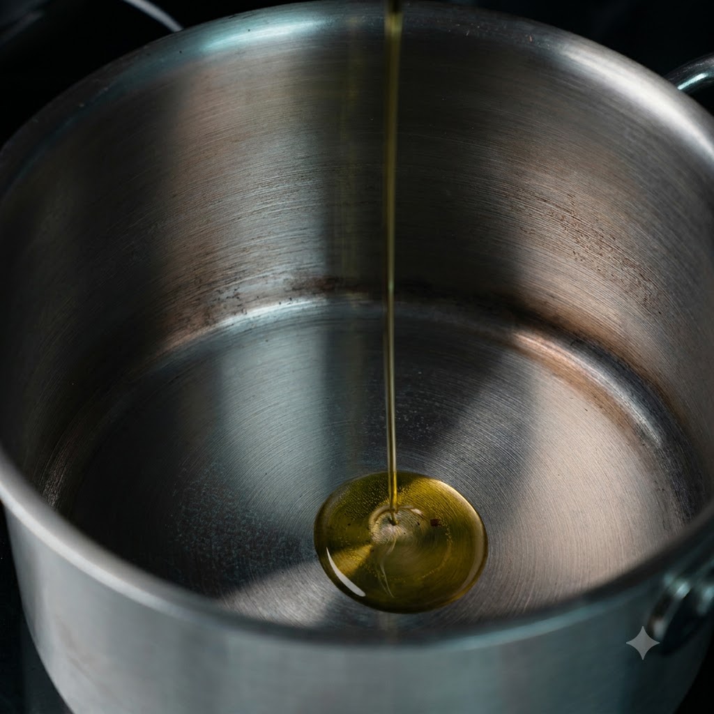 Aceite de oliva siendo vertido en una olla limpia de acero inoxidable sobre la estufa.