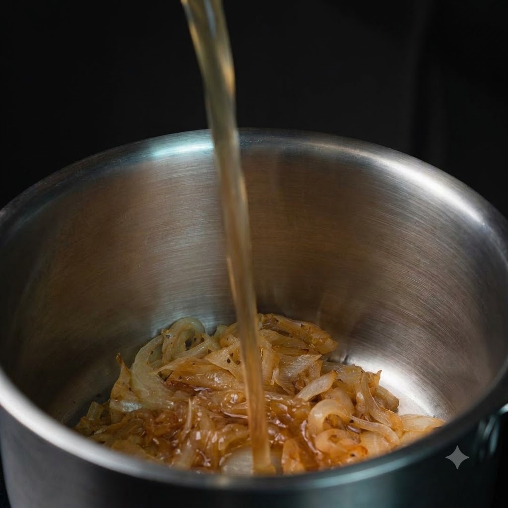 Caldo transparente siendo vertido en una olla de cebollas doradas y caramelizadas.