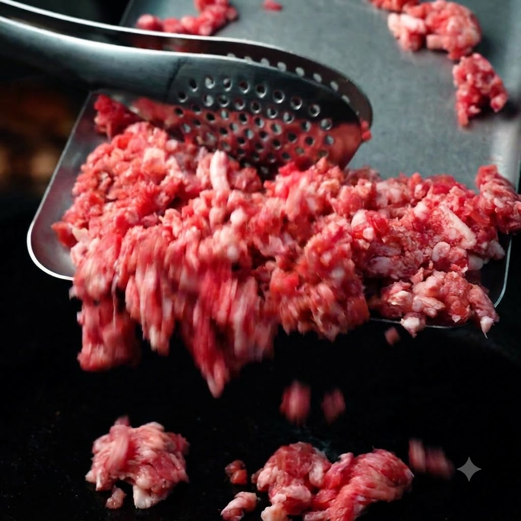 Carne molida fresca de Angus australiano siendo colocada en una superficie de cocción caliente.