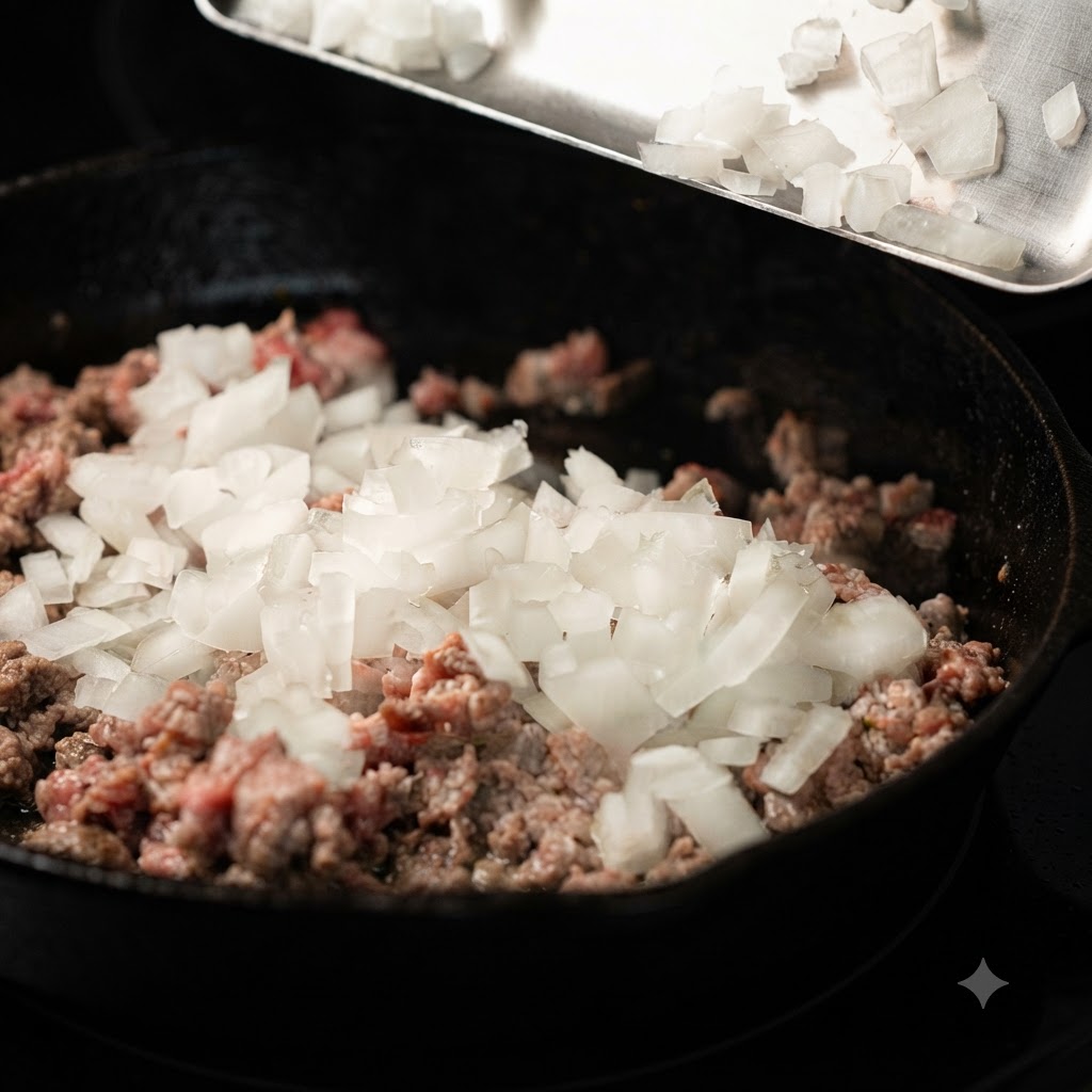 Trozos de cebolla blanca recién picados cayendo desde una bandeja metálica en una sartén de hierro fundido llena de carne picada cocinada.