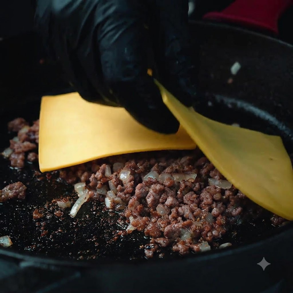 Una persona con guantes negros colocando rodajas de queso amarillo cuadradas sobre la carne picada cocinada en una sartén de hierro fundido.