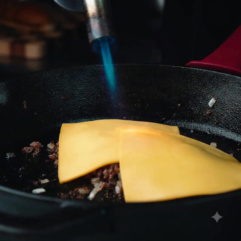 Un soplete de cocina que emite una llama azul brillante dirigida directamente a las rodajas de queso amarillo que se derriten sobre la carne cocinada en una sartén.
