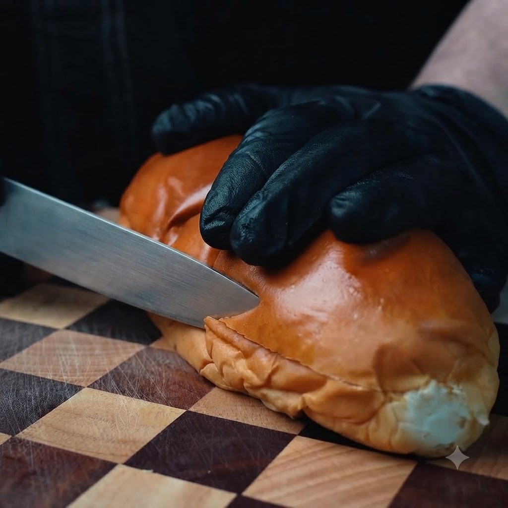 La mano de un chef con un guante negro cortando un pan dorado en una tabla de cortar de madera a cuadros con un cuchillo.