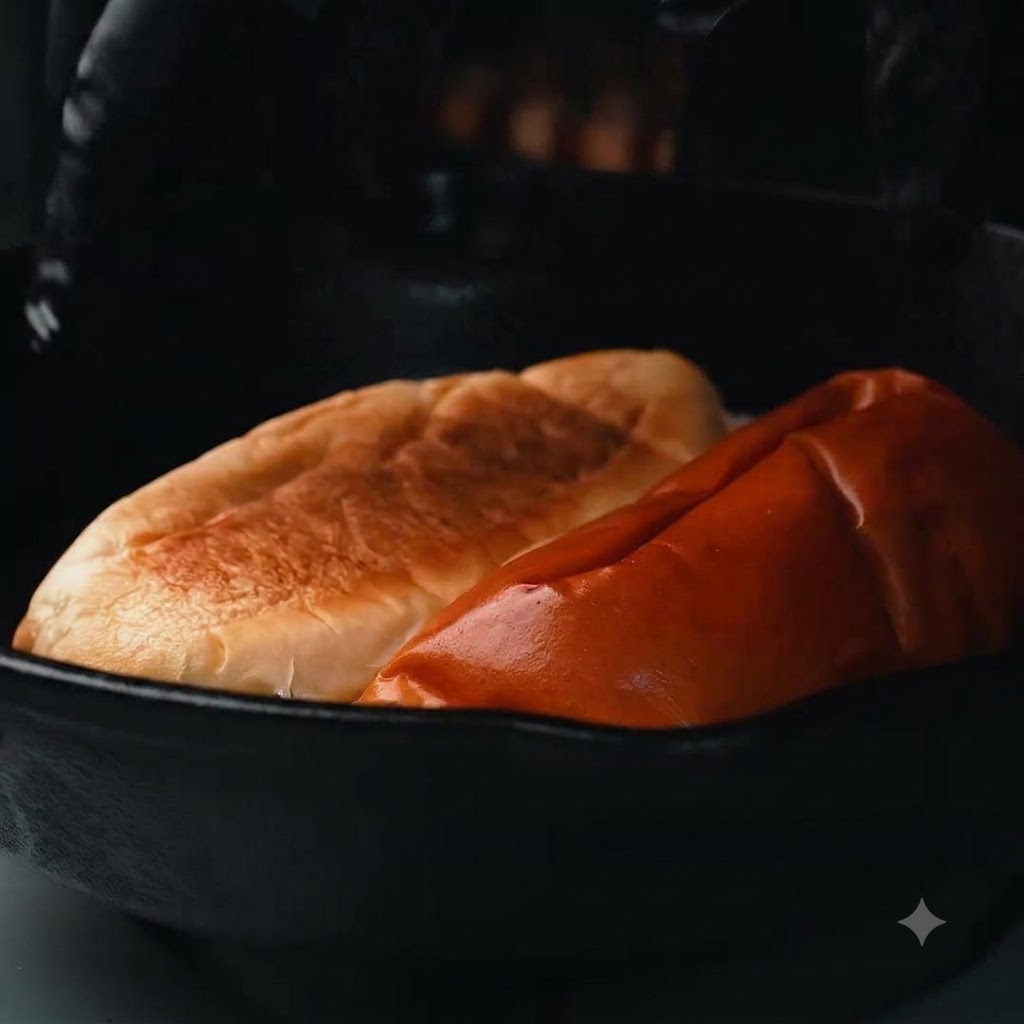 Dos mitades de un pan tostándose dentro de una sartén oscura de hierro fundido, mostrando superficies doradas y tostadas.