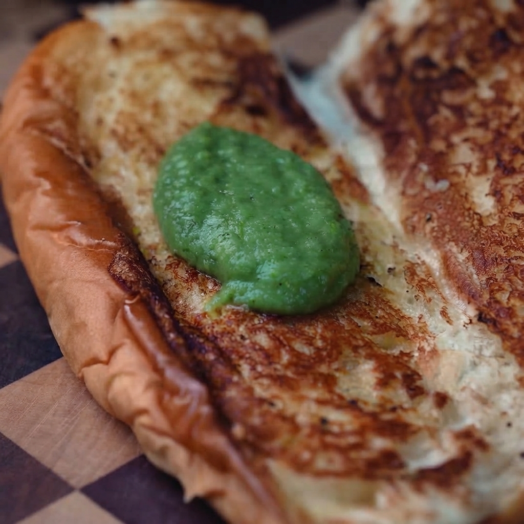 Salsa verde picante siendo extendida de manera uniforme en el interior de un pan tostado.