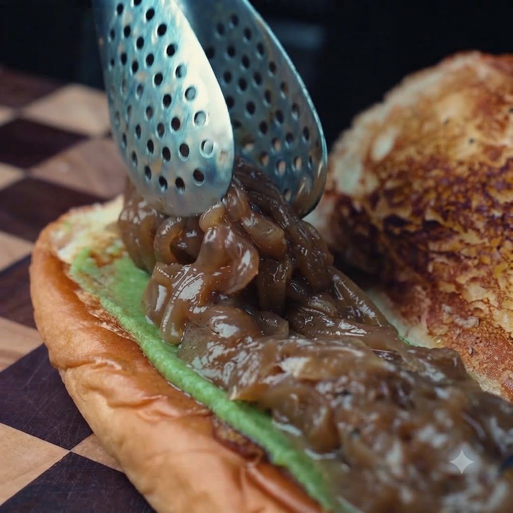 La carne picada cocinada con queso fundido siendo añadida al sándwich con un utensilio.
