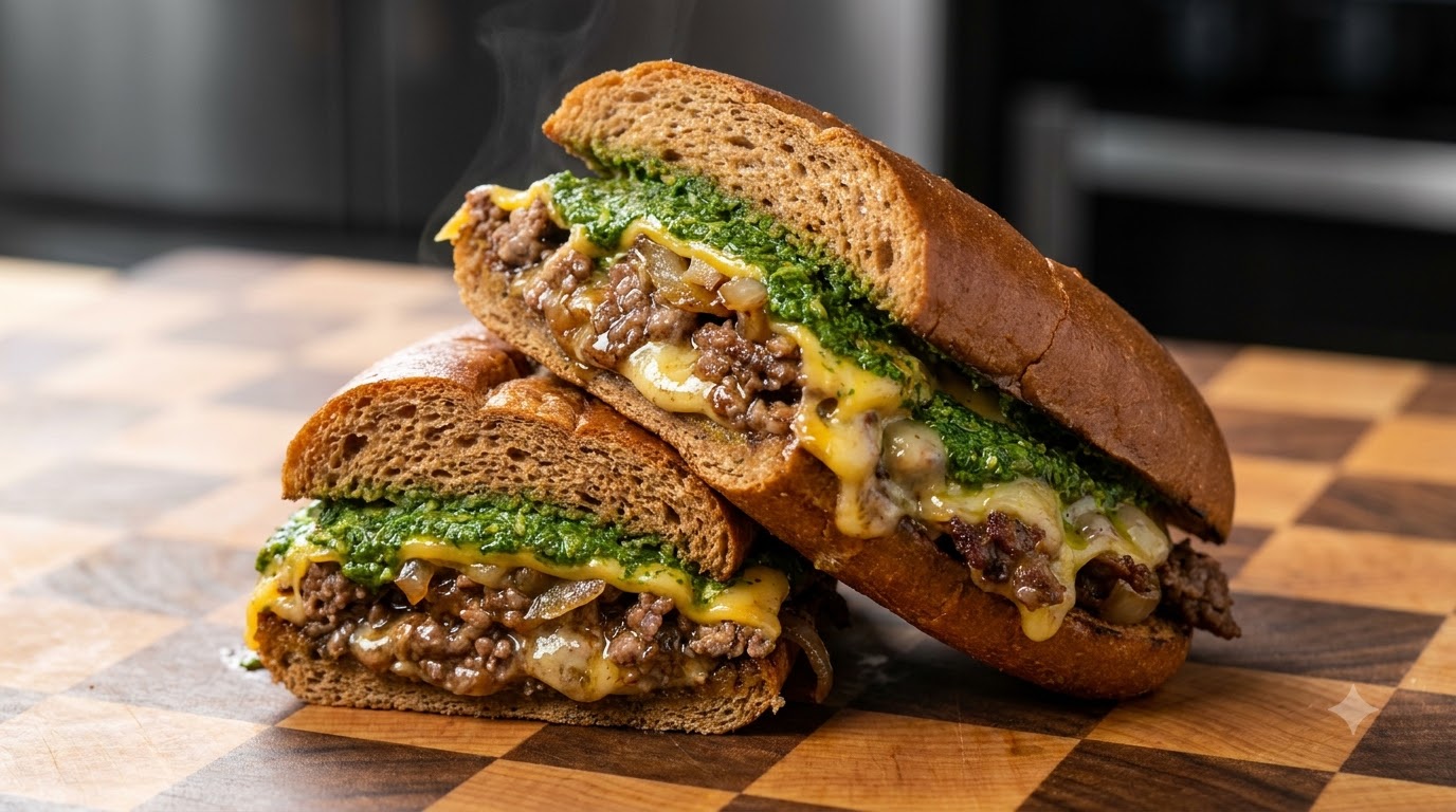 Sándwich Philly Cheesesteak Gourmet con Carne Picada y Salsa Verde