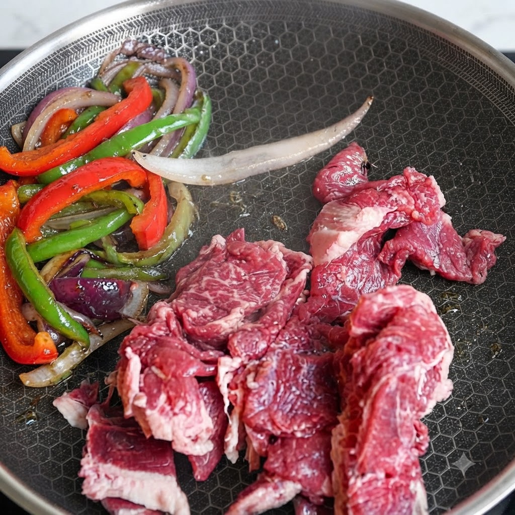 Trozo de carne cruda colocado junto a pimientos y cebollas salteados en una sartén.