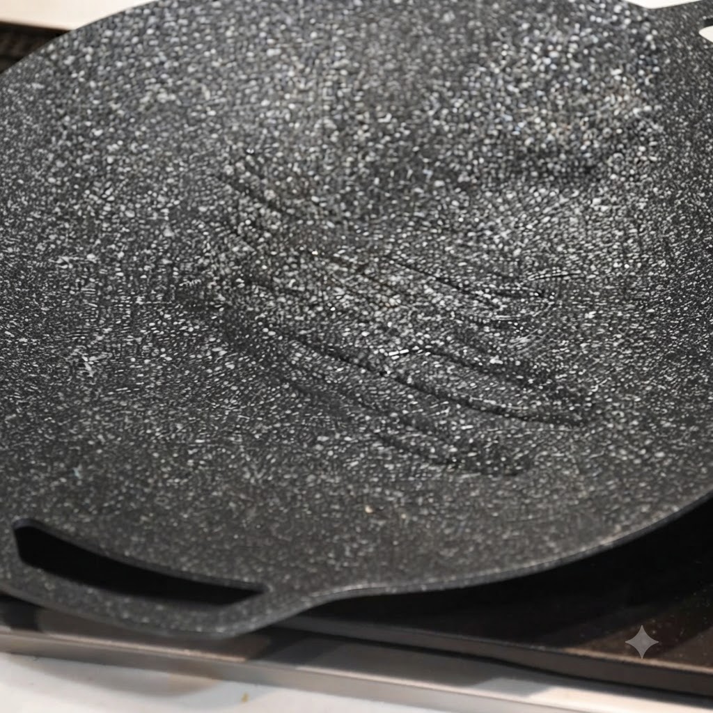Una sartén plancha caliente engrasada con aceite, lista para tostar pan.