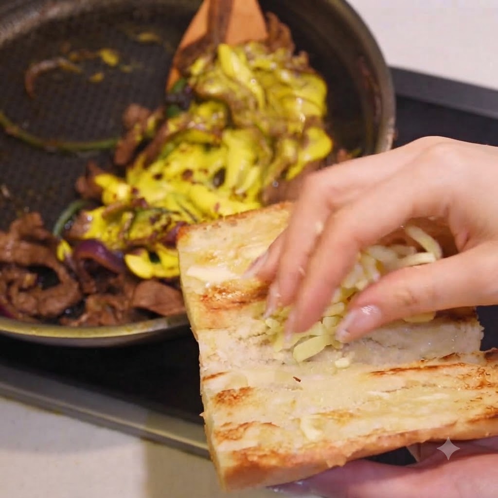 Una mano espolvoreando queso mozzarella rallado sobre una mitad de baguette tostada.