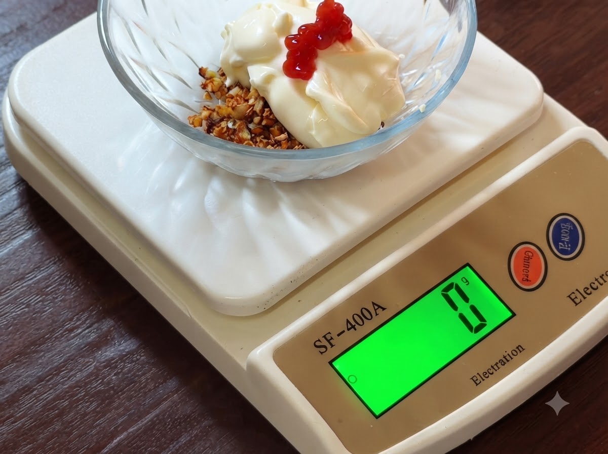 Kétchup de tomate rojo exprimido sobre la mayonesa y el ajo frito en un tazón de vidrio.
