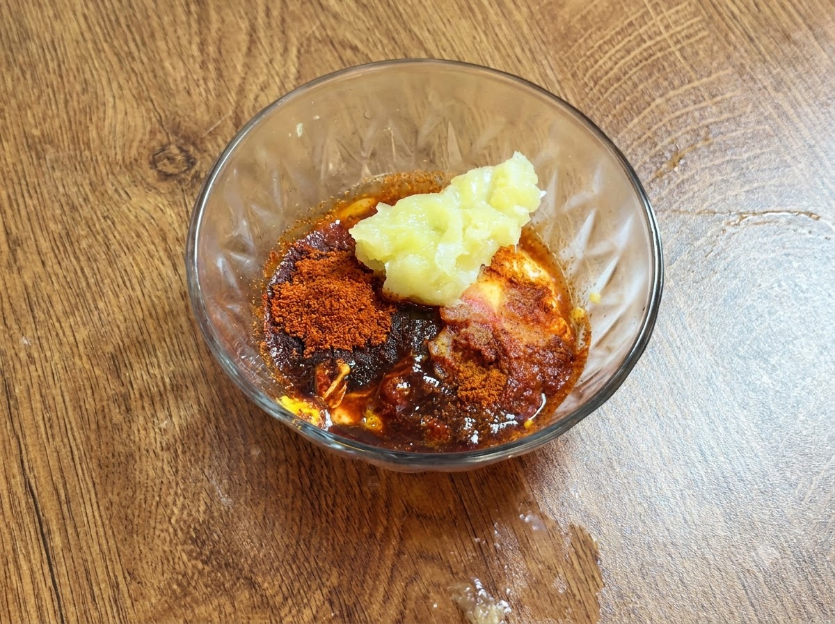 Una cucharada de puré de pulpa de limón colocada encima de los ingredientes de la salsa mezclados dentro de un tazón de vidrio.