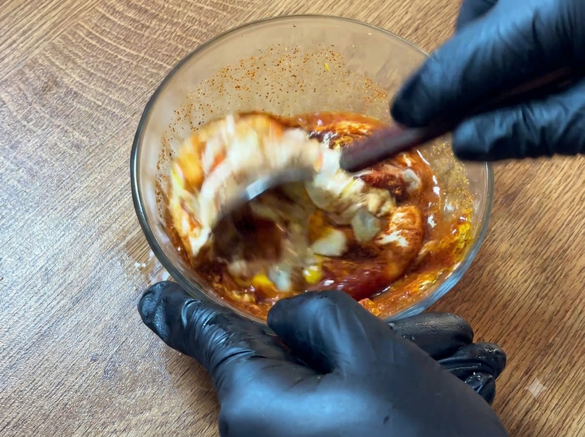 Una mano con guantes usando una cuchara de madera para remover vigorosamente todos los ingredientes de la salsa para hamburguesas juntos en un tazón de vidrio.