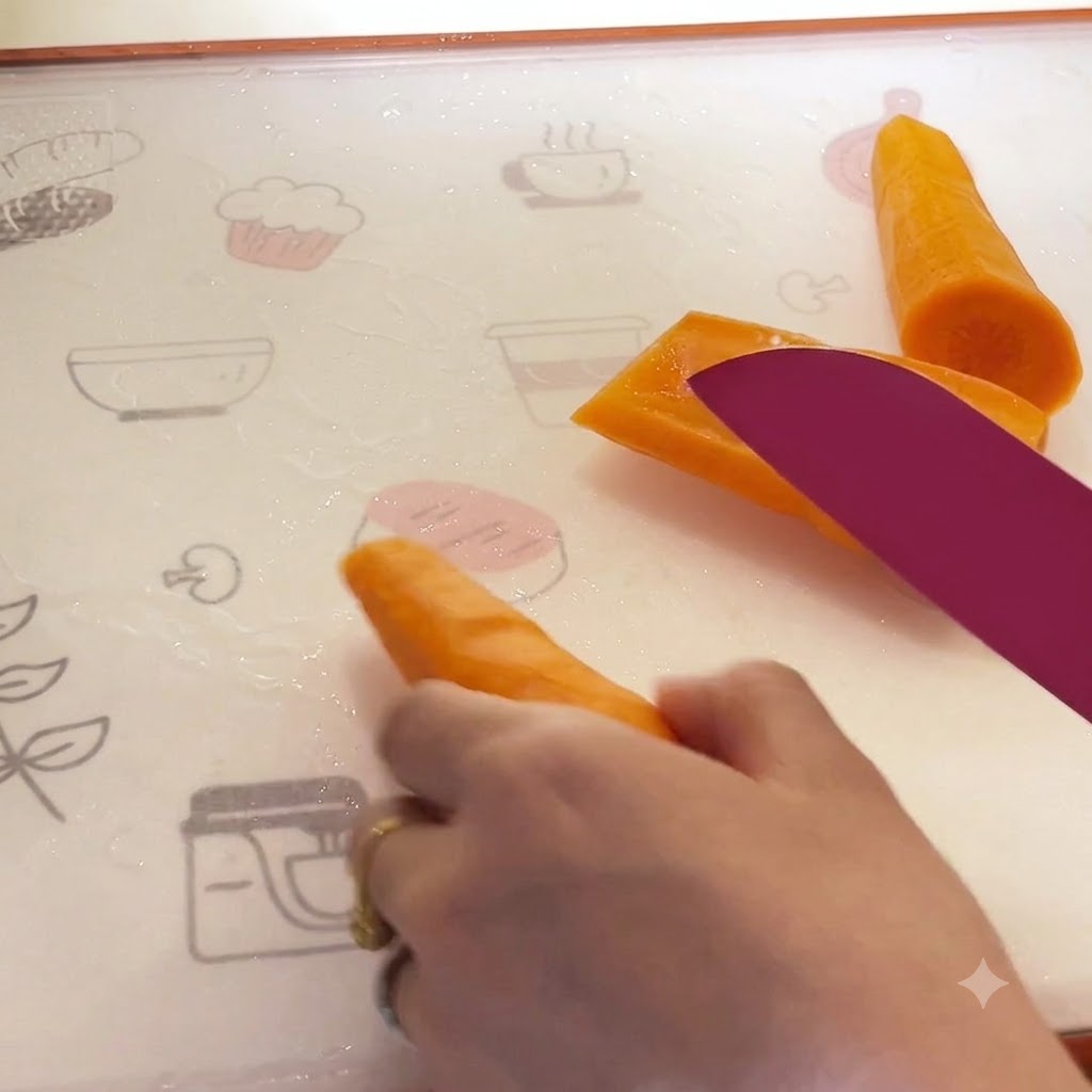Una mano usando un cuchillo morado para cortar y dar forma a una zanahoria cruda en una tabla de cortar con patrones.