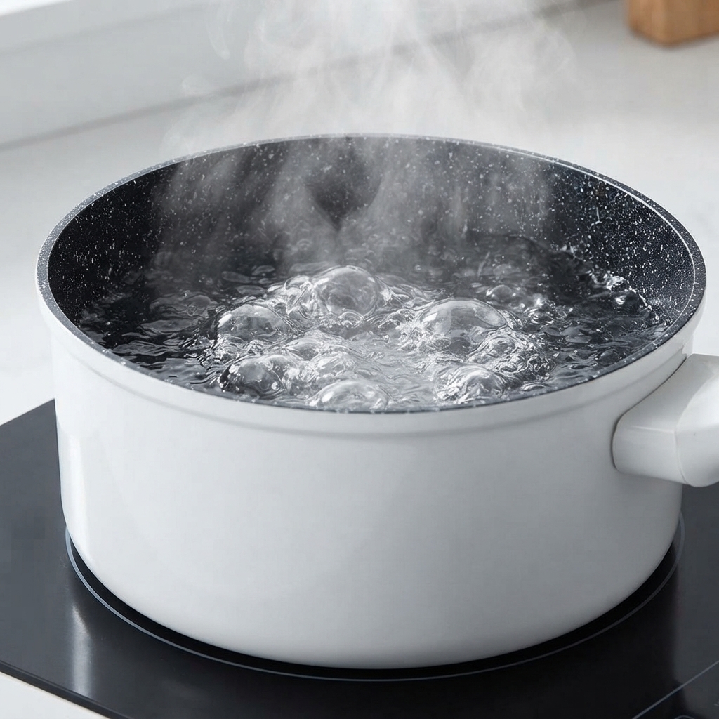 Floretes de brócoli congelados siendo arrojados a una olla blanca con agua hirviendo vigorosamente y vapor saliendo.