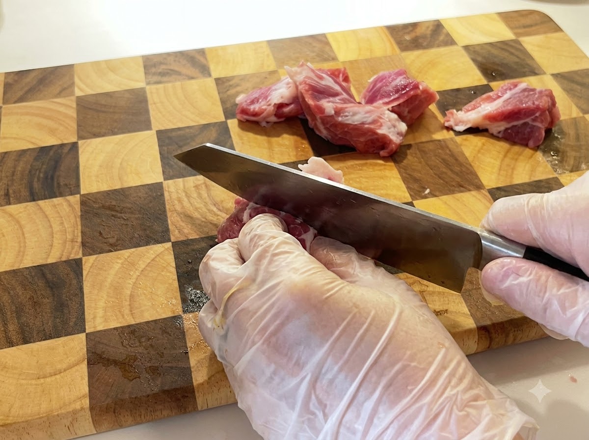 Una mano con guante sosteniendo un cuchillo para cortar paletilla de cerdo cruda en una tabla de cortar de madera a cuadros.