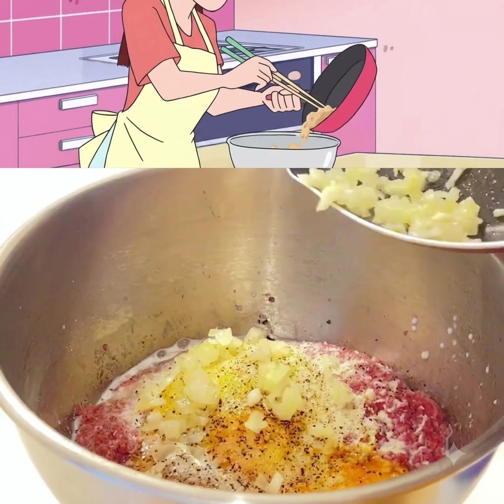 Cebollas cocinadas siendo retiradas de una sartén hacia un tazón de mezcla de metal lleno de carne, pan rallado y condimentos.