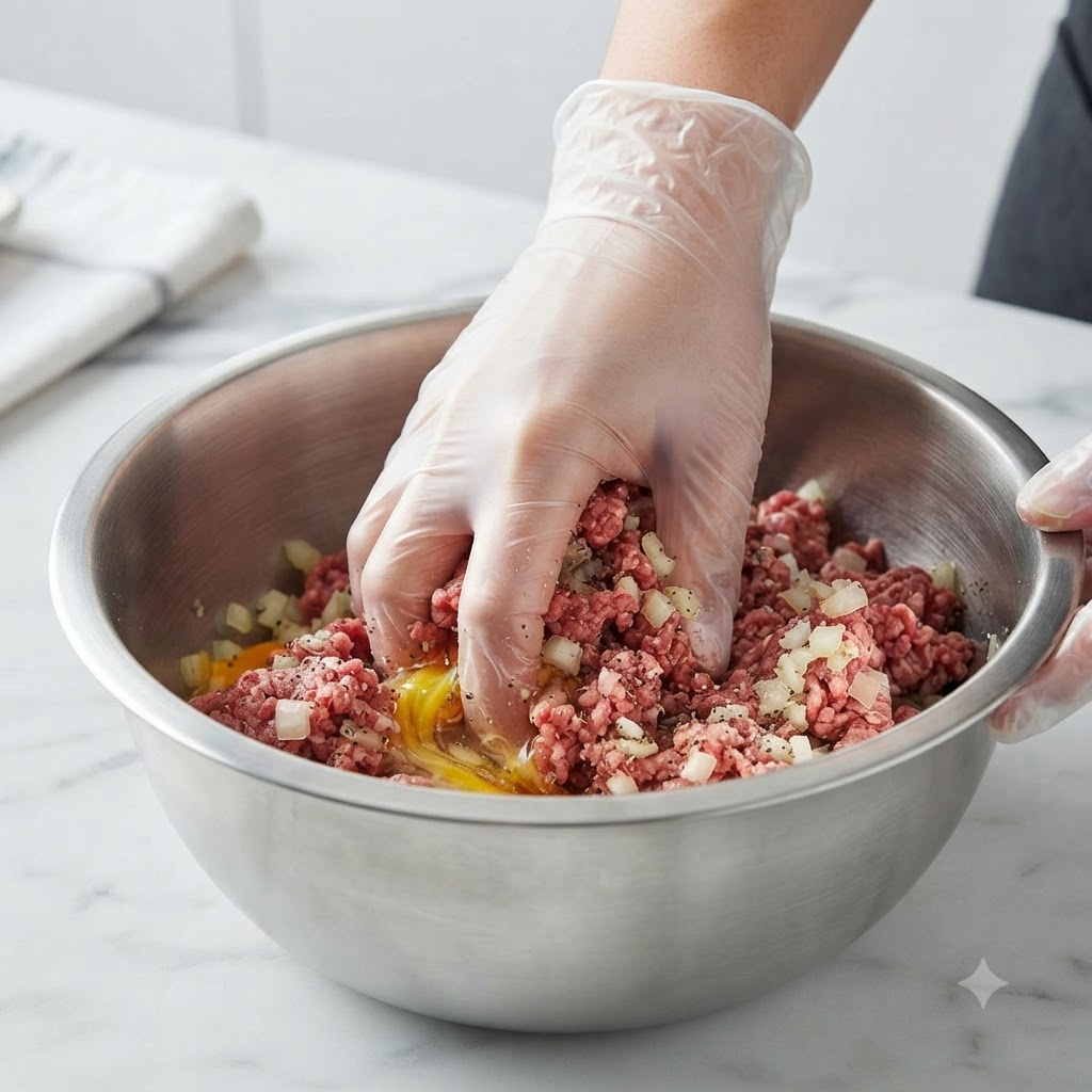 Una mano con un guante de plástico transparente mezclando a fondo carne picada, cebollas y condimentos dentro de un tazón de acero grande.